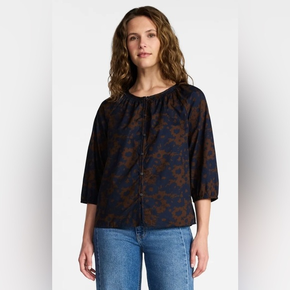 Time and Tru Tops - NWT Navy and Brown Floral Button-Front Blouse